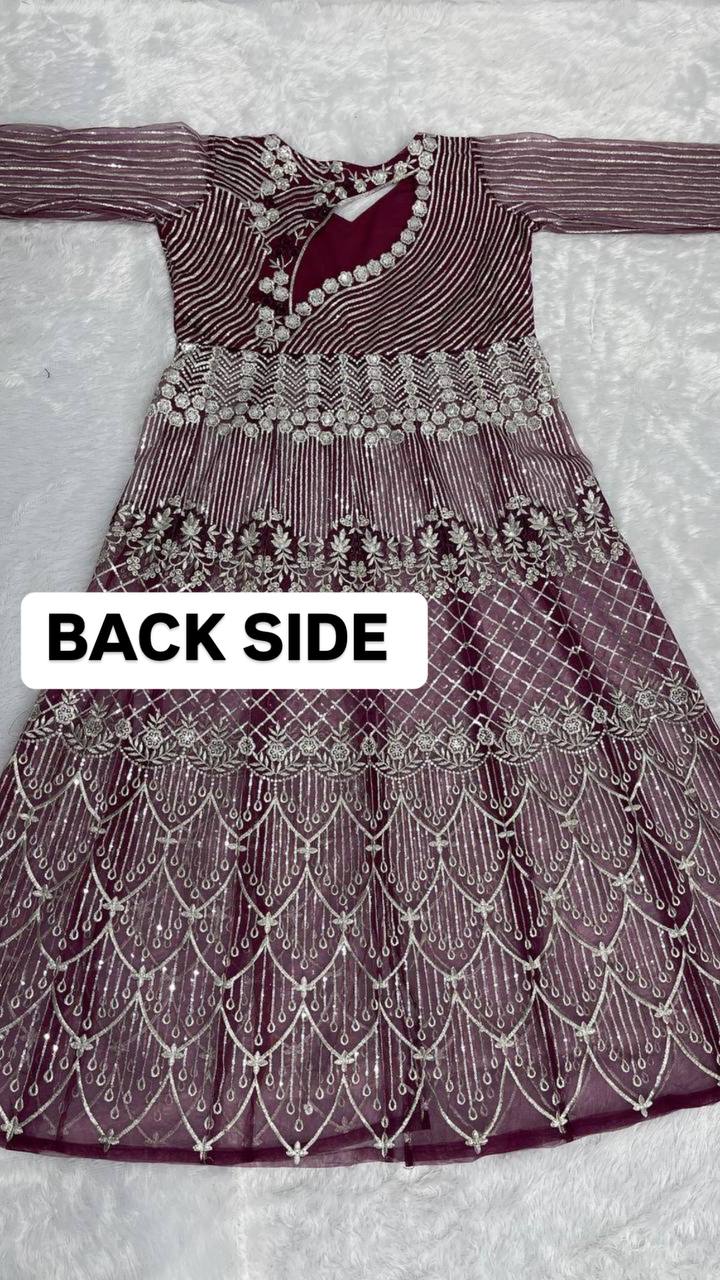 Party Wear Wine Color Heavy Soft Net With Embroidery Sequence Work Top With Lehenga