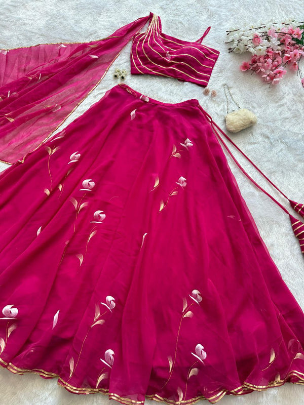 Function Wear Pink Color Pure Georgette Hand Painted Fully Stitched Lehenga Choli