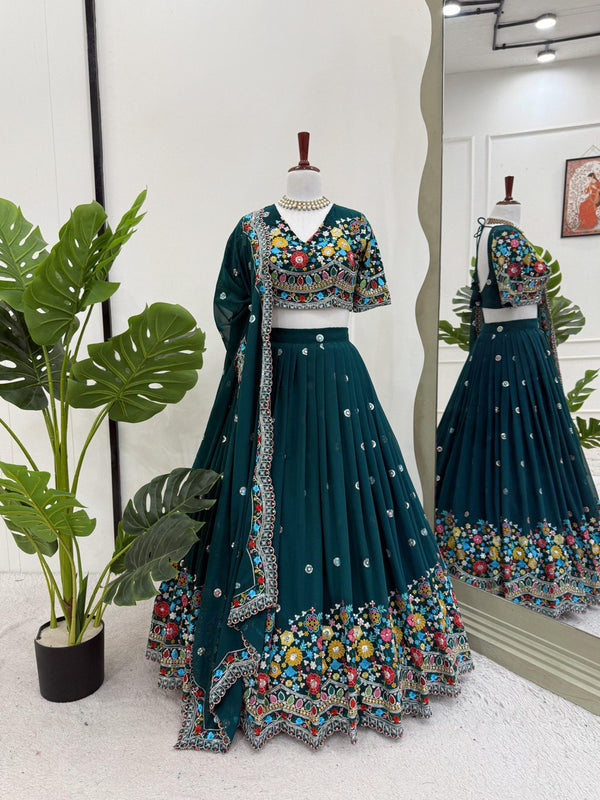 Wedding Wear Teal Green Faux Georgette Thread With Sequence Lehenga Choli