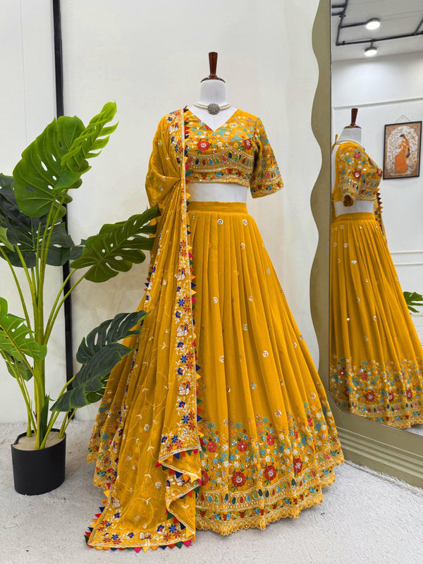 Wedding Wear Yellow Faux Georgette Thread With Sequence Lehenga Choli