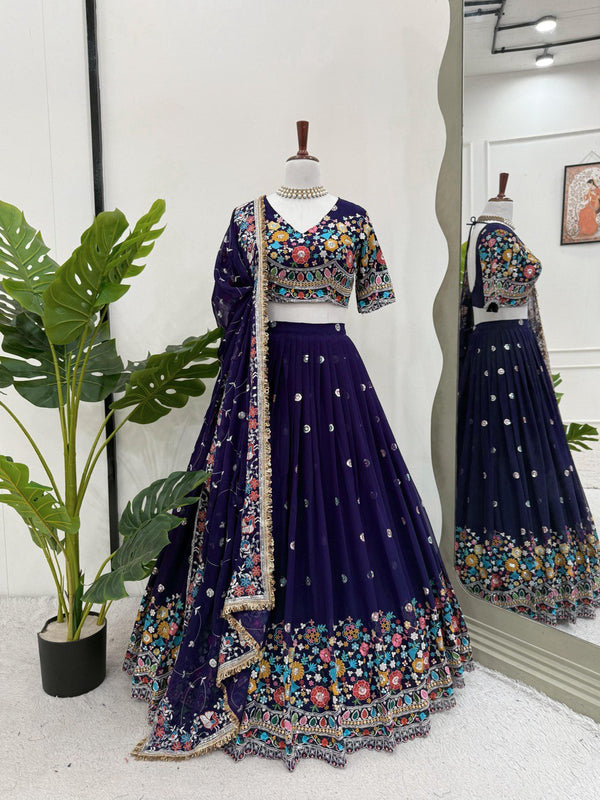 Wedding Wear Navy Blue Faux Georgette Thread With Sequence Lehenga Choli