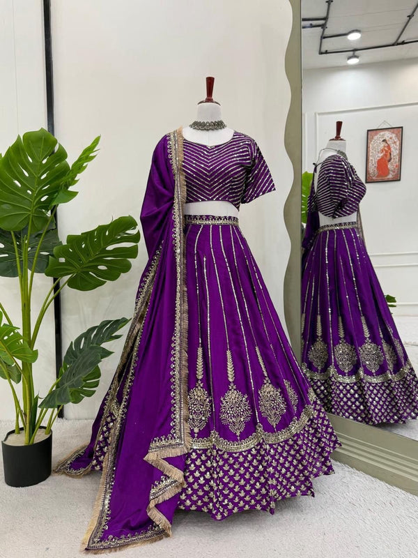 Party Wear Purple Color Chinon Silk And Thread With Sequence Designer Lehenga Choli