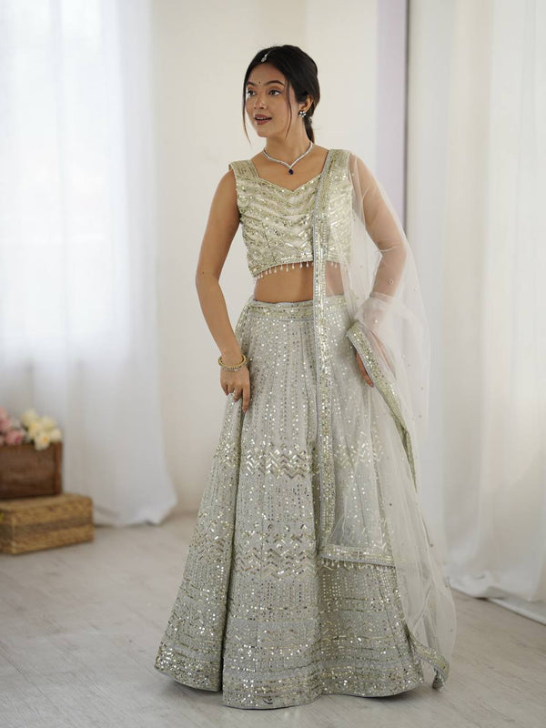 Bollywood Style White Color Georgette Lehenga With Sequins Dori Work Designer Lehenga Choli