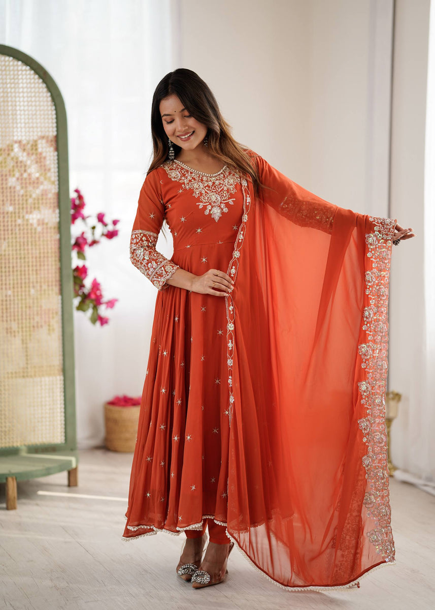 Arti Chauhan Wear Orange Color Sequence With Moti Work Anarkali Set ...