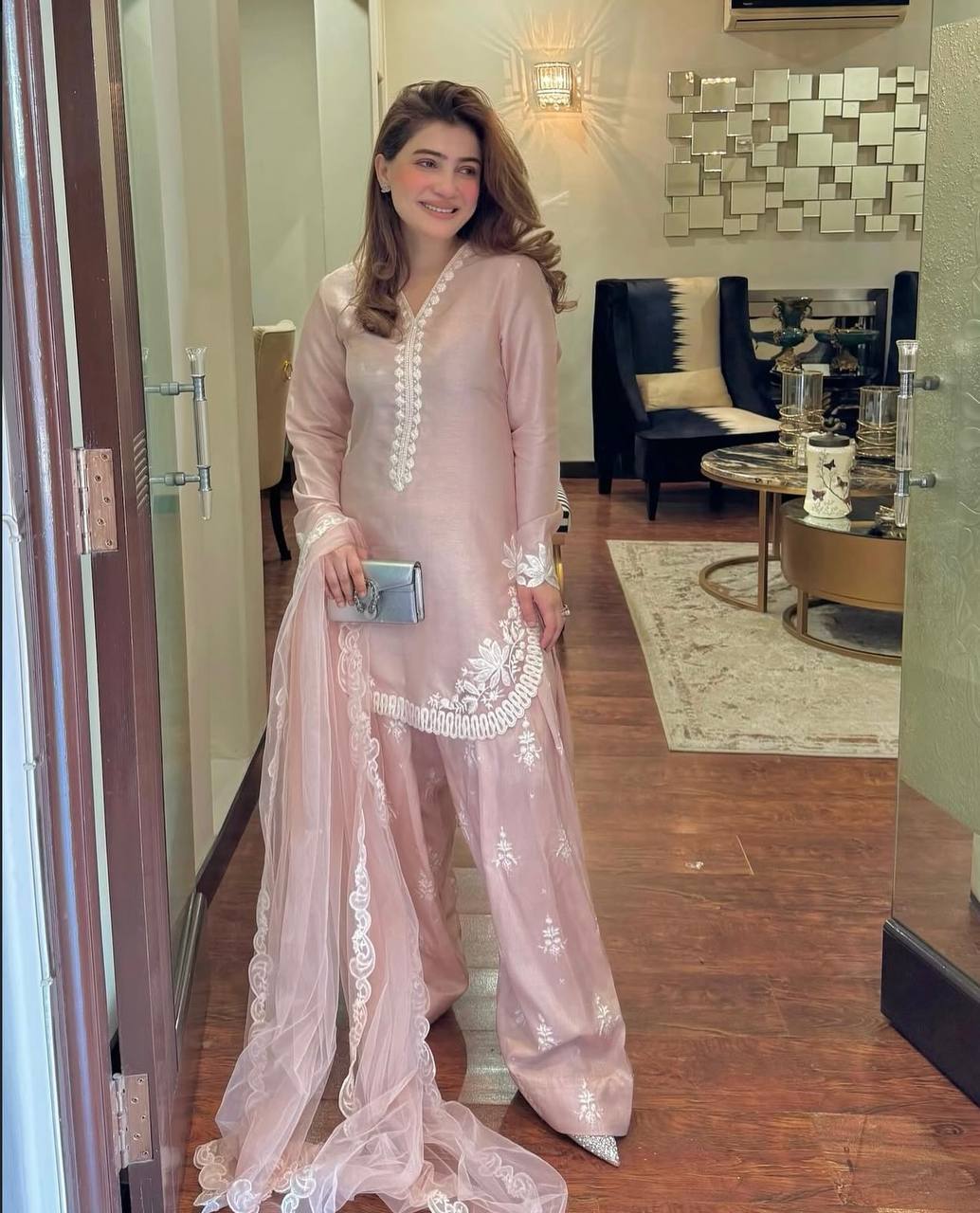 Party Wear Beige Color Pure Natural Crepe Silk With Embroidery Sequence Work Palazzo Suit
