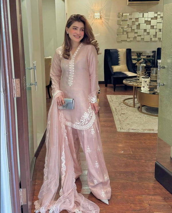 Party Wear Beige Color Pure Natural Crepe Silk With Embroidery Sequence Work Palazzo Suit