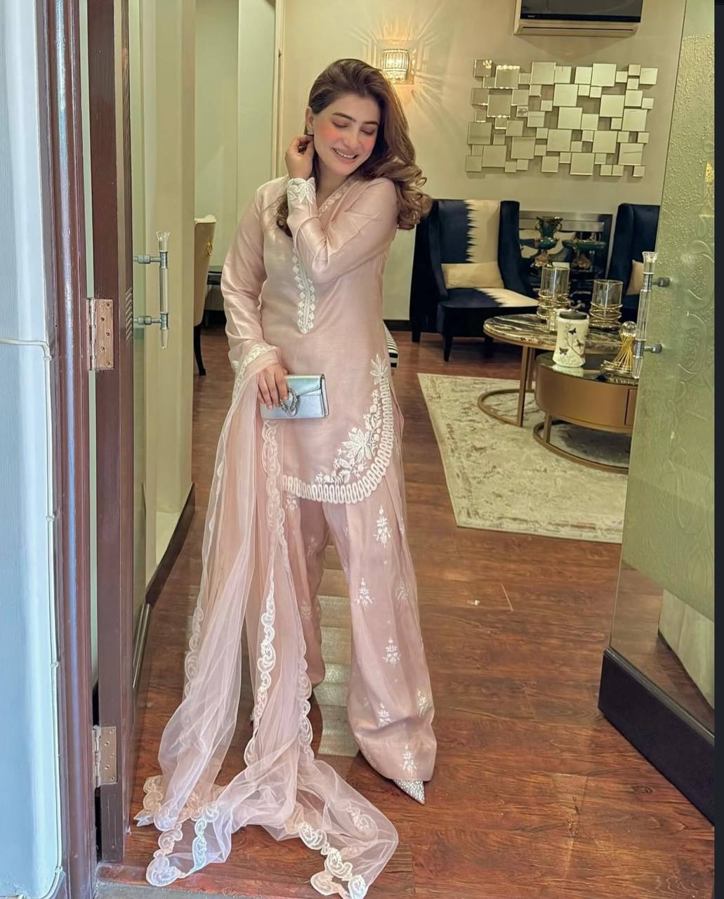 Party Wear Beige Color Pure Natural Crepe Silk With Embroidery Sequence Work Palazzo Suit
