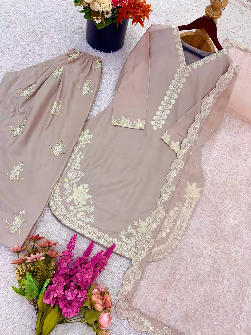 Party Wear Beige Color Pure Natural Crepe Silk With Embroidery Sequence Work Palazzo Suit