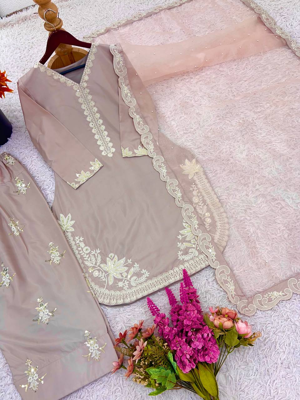 Party Wear Beige Color Pure Natural Crepe Silk With Embroidery Sequence Work Palazzo Suit
