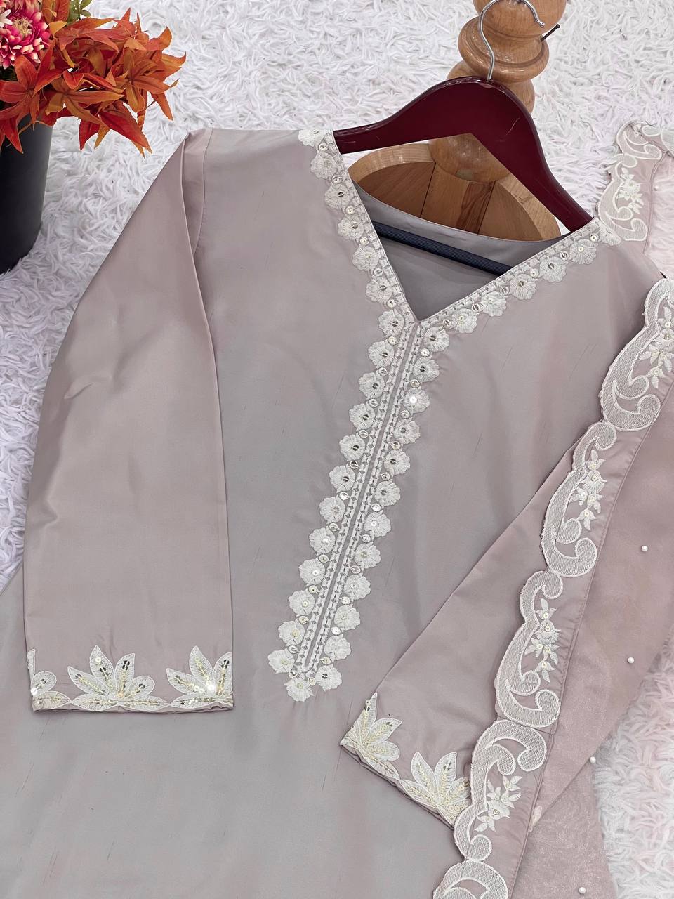 Party Wear Beige Color Pure Natural Crepe Silk With Embroidery Sequence Work Palazzo Suit
