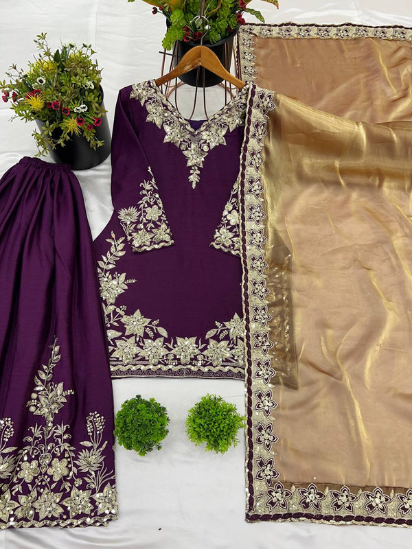Wedding Wear Dark Purple Color Pure Chinon Silk With Heavy Embroidery Sequence Work Palazzo Suit