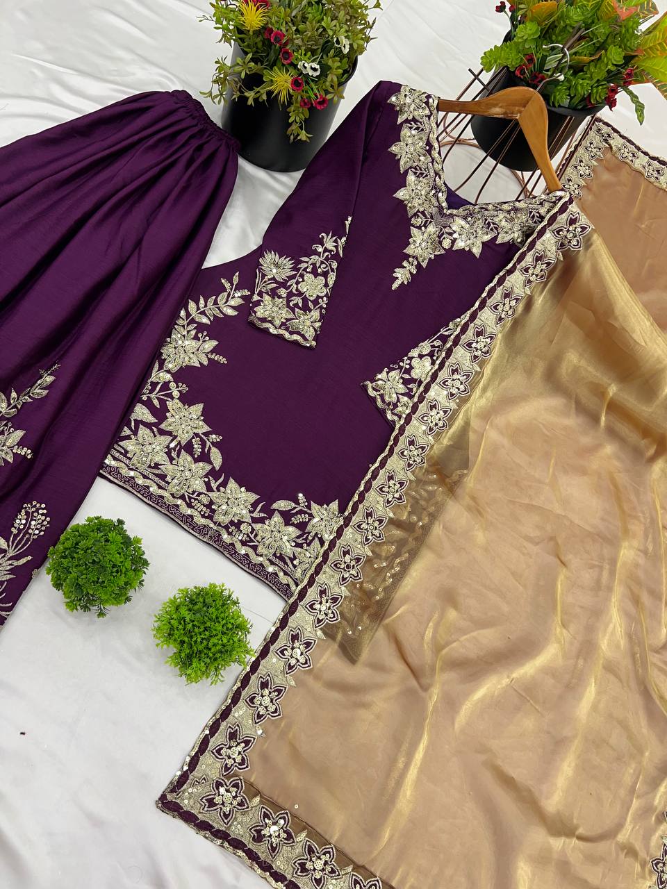 Wedding Wear Dark Purple Color Pure Chinon Silk With Heavy Embroidery Sequence Work Palazzo Suit