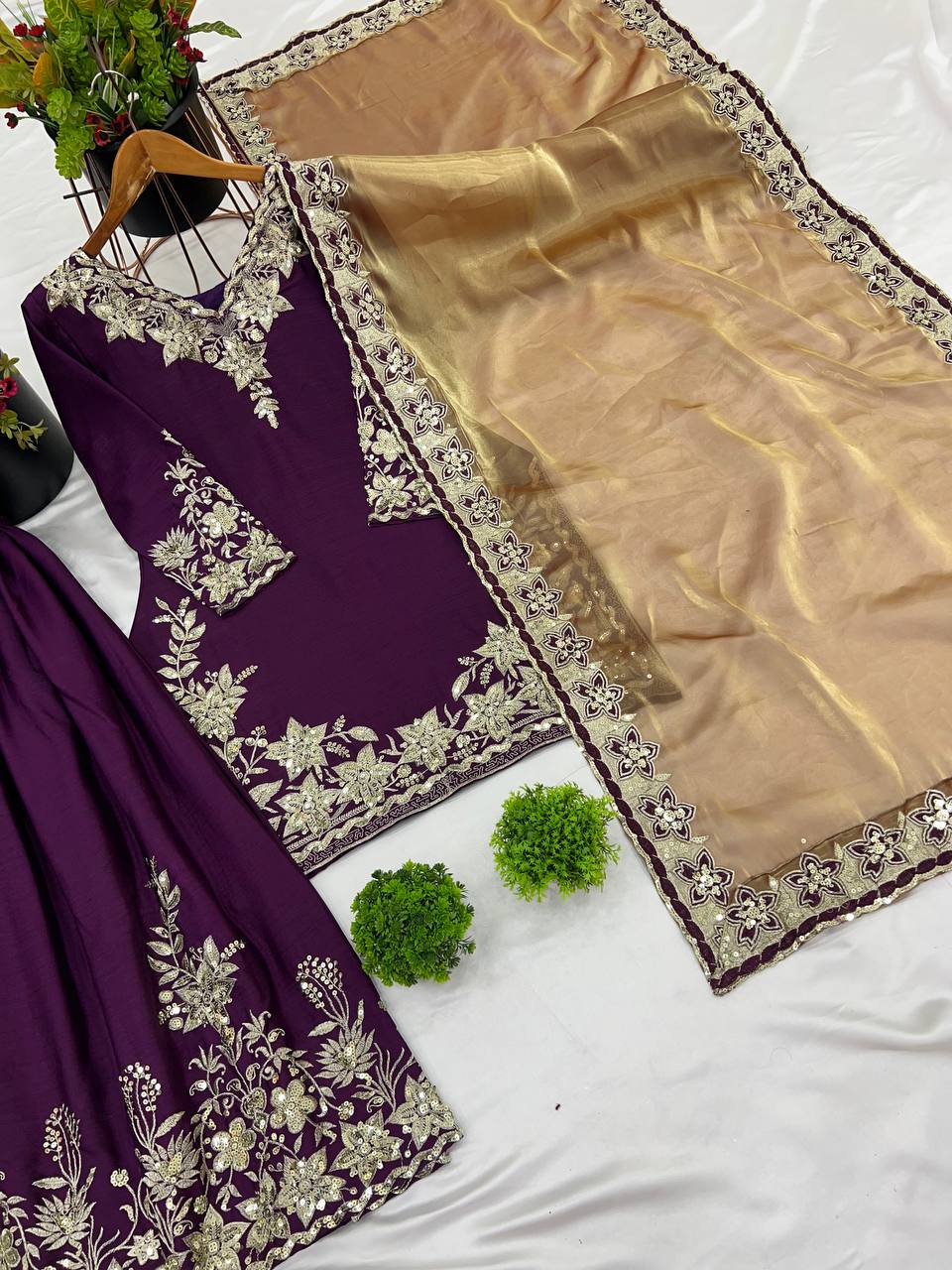 Wedding Wear Dark Purple Color Pure Chinon Silk With Heavy Embroidery Sequence Work Palazzo Suit