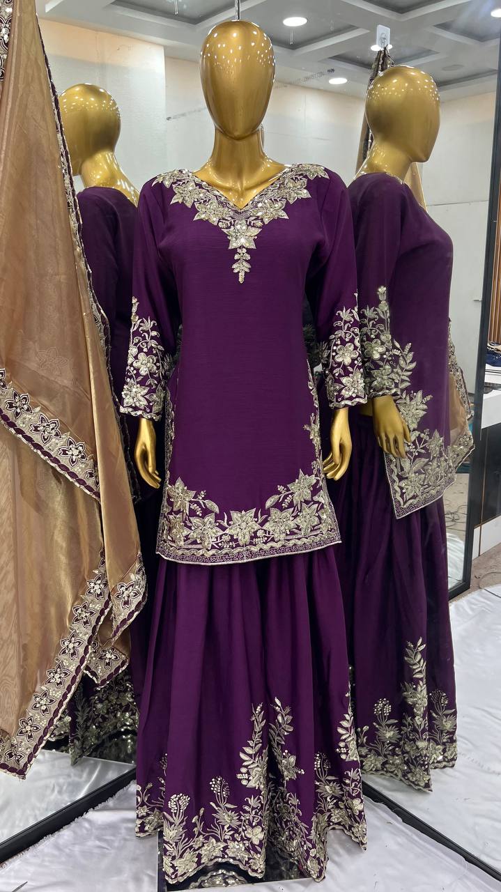 Wedding Wear Dark Purple Color Pure Chinon Silk With Heavy Embroidery Sequence Work Palazzo Suit