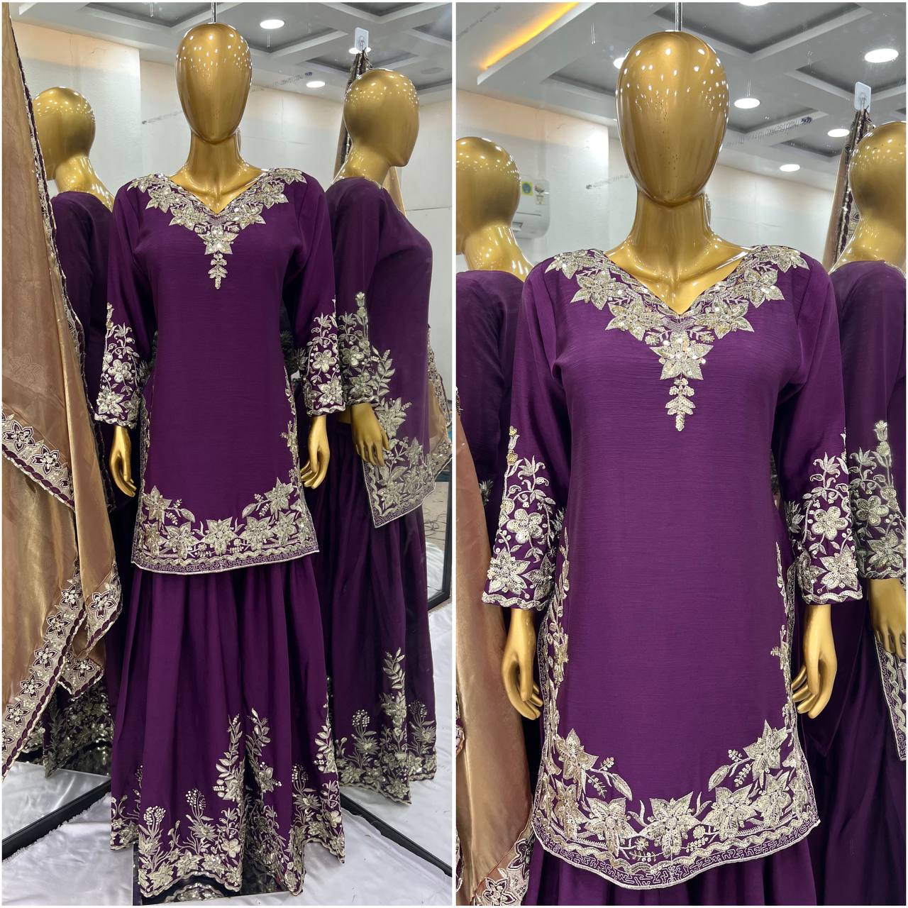 Wedding Wear Dark Purple Color Pure Chinon Silk With Heavy Embroidery Sequence Work Palazzo Suit