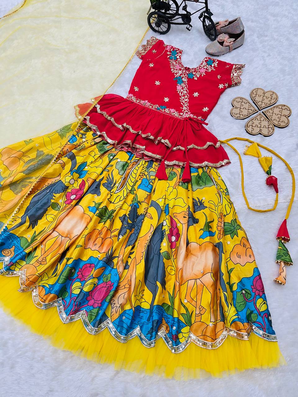 Designer Yellow Color Kediya Style Embroidered Lehenga Choli Set