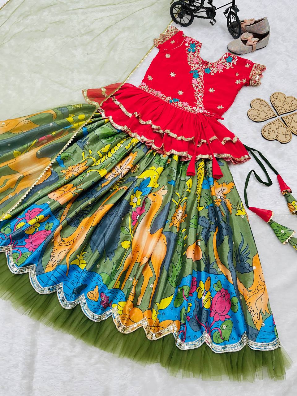 Designer Green Color Kediya Style Embroidered Lehenga Choli Set