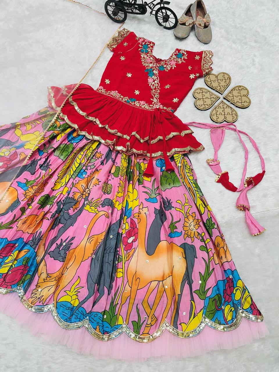 Designer Pink Color Kediya Style Embroidered Lehenga Choli Set