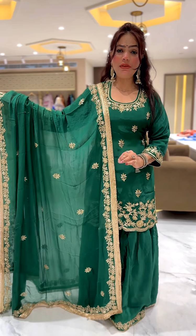 Ceremony Wear Green Color Natural Crep Material With Sequence Embroidery Work Sharara Suit