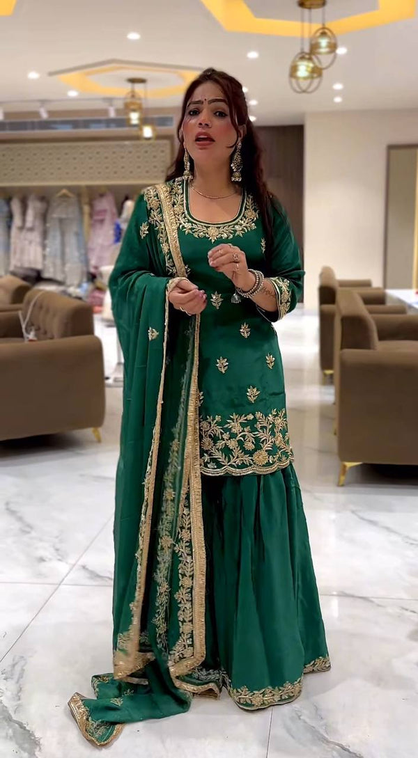 Ceremony Wear Green Color Natural Crep Material With Sequence Embroidery Work Sharara Suit