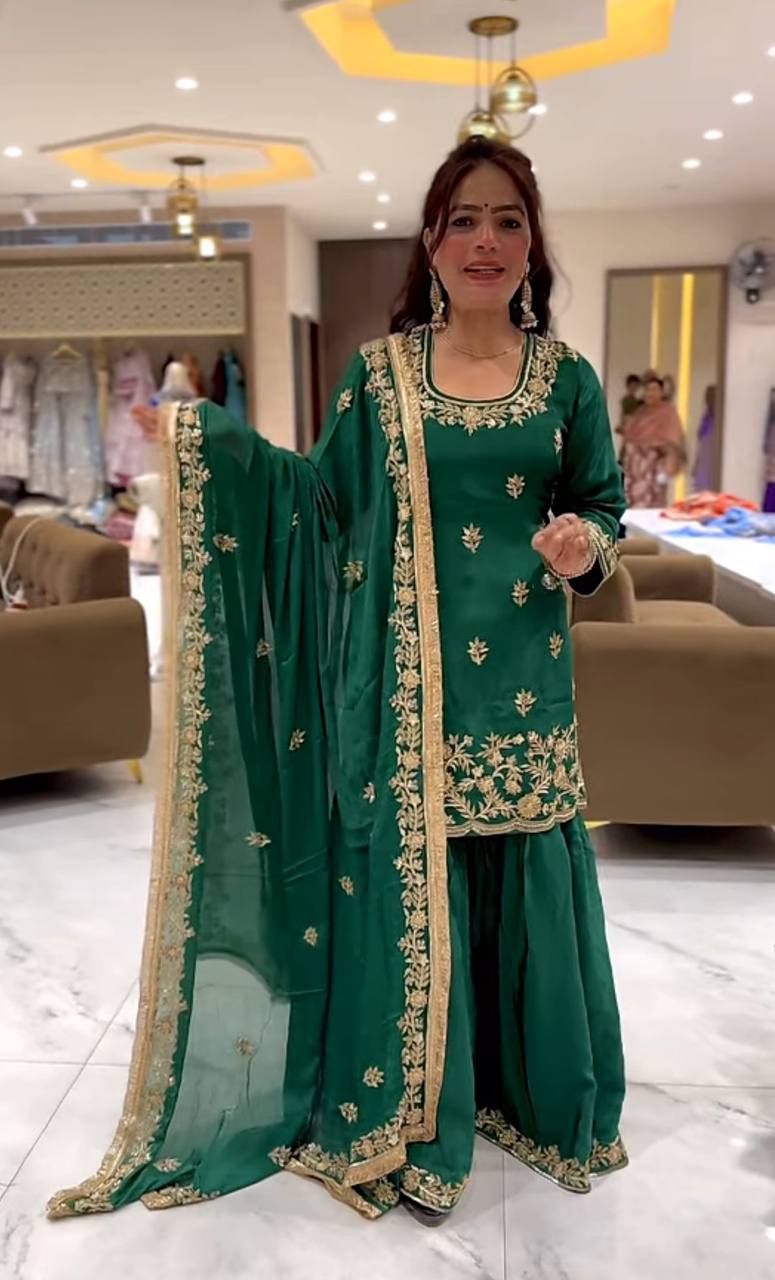 Ceremony Wear Green Color Natural Crep Material With Sequence Embroidery Work Sharara Suit