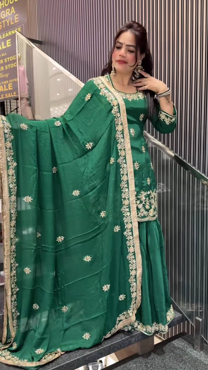 Ceremony Wear Green Color Natural Crep Material With Sequence Embroidery Work Sharara Suit
