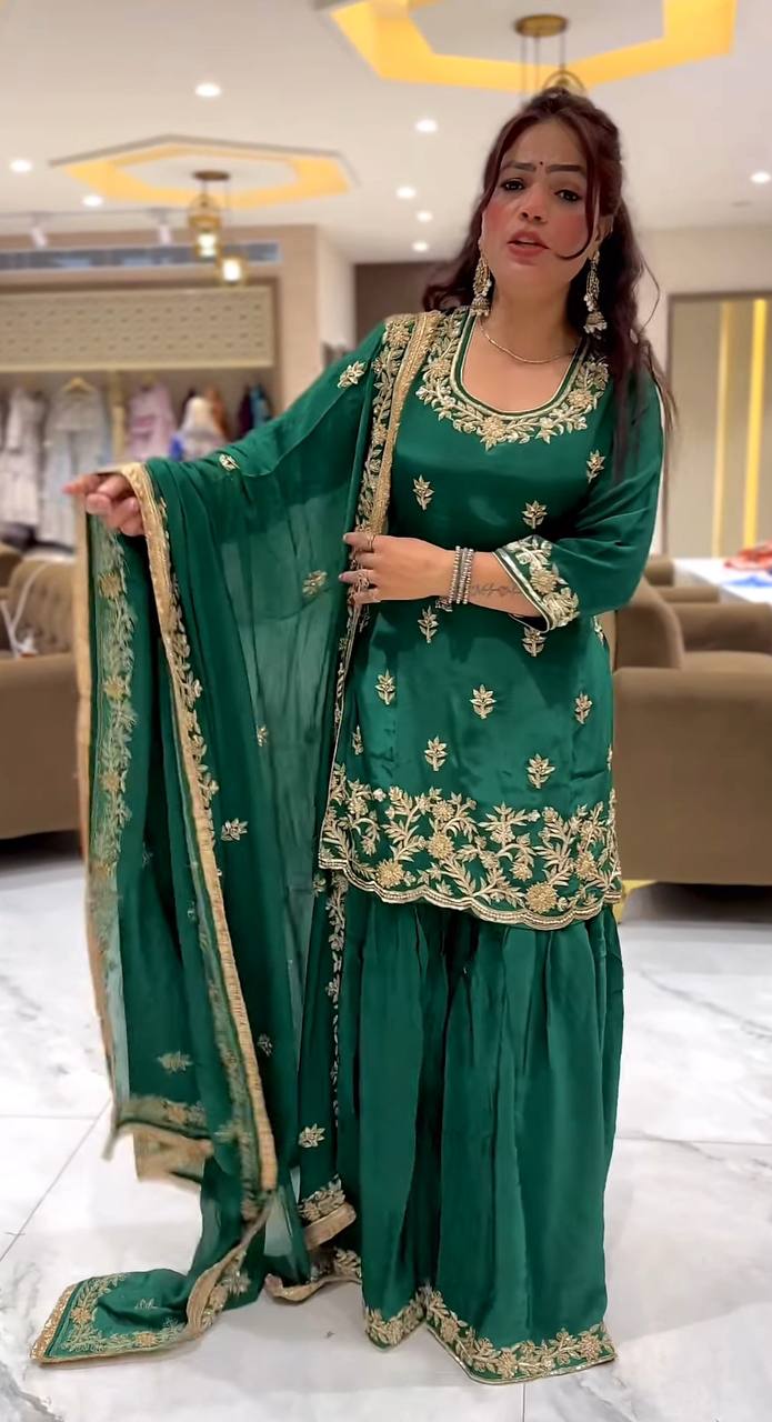 Ceremony Wear Green Color Natural Crep Material With Sequence Embroidery Work Sharara Suit