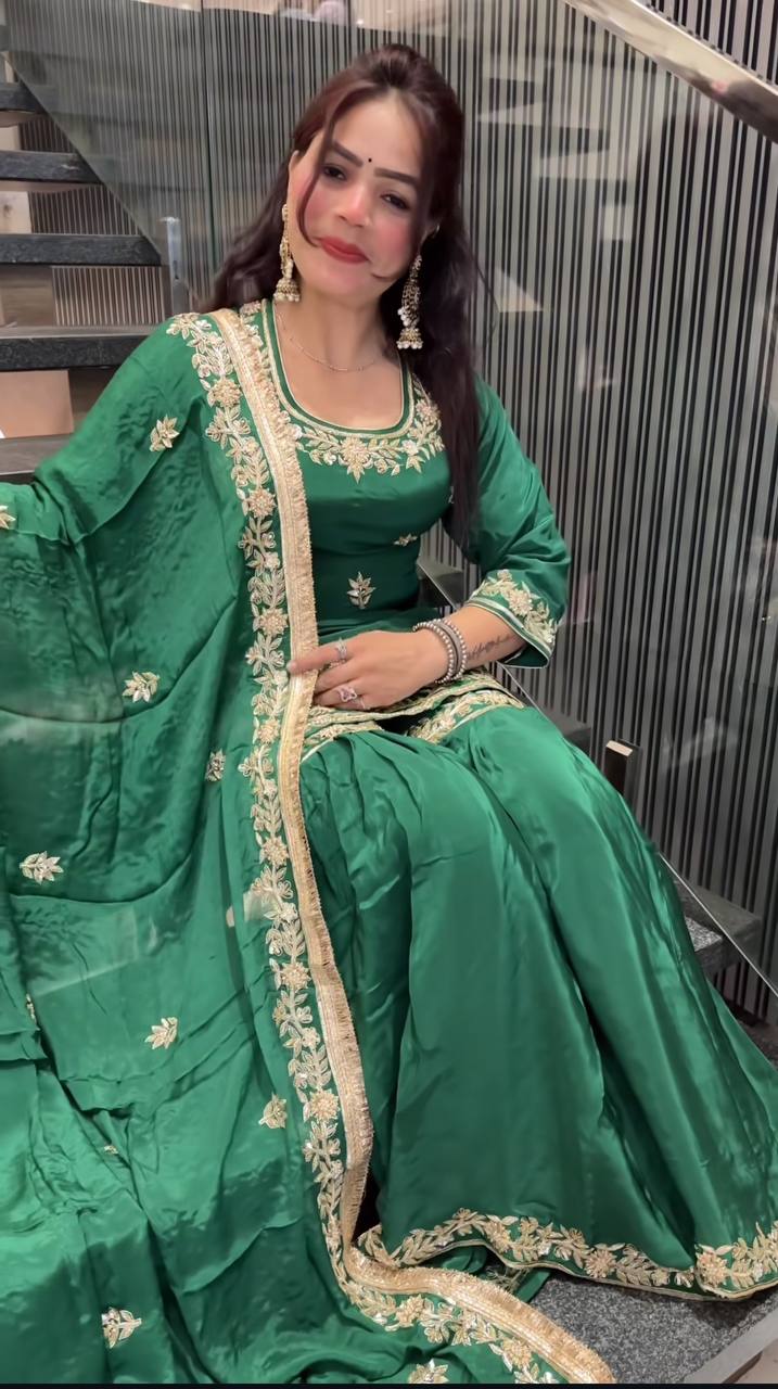 Ceremony Wear Green Color Natural Crep Material With Sequence Embroidery Work Sharara Suit