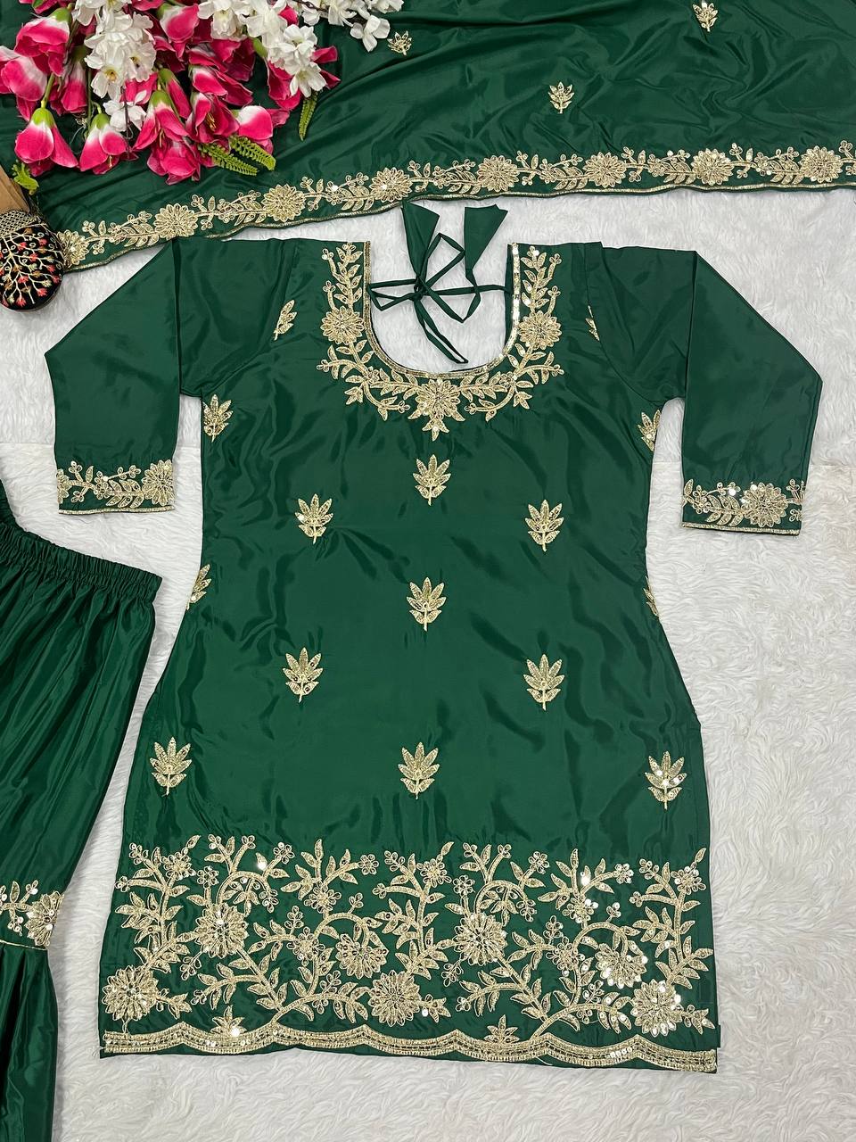 Ceremony Wear Green Color Natural Crep Material With Sequence Embroidery Work Sharara Suit