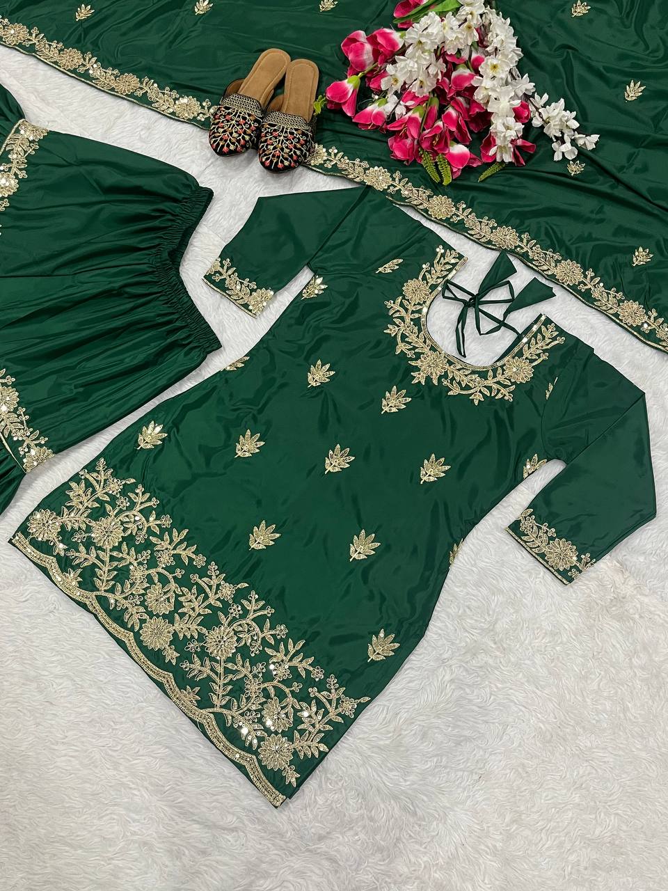 Ceremony Wear Green Color Natural Crep Material With Sequence Embroidery Work Sharara Suit