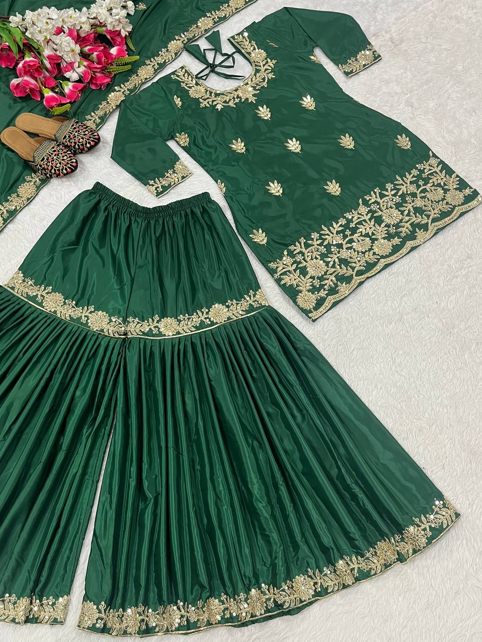 Ceremony Wear Green Color Natural Crep Material With Sequence Embroidery Work Sharara Suit