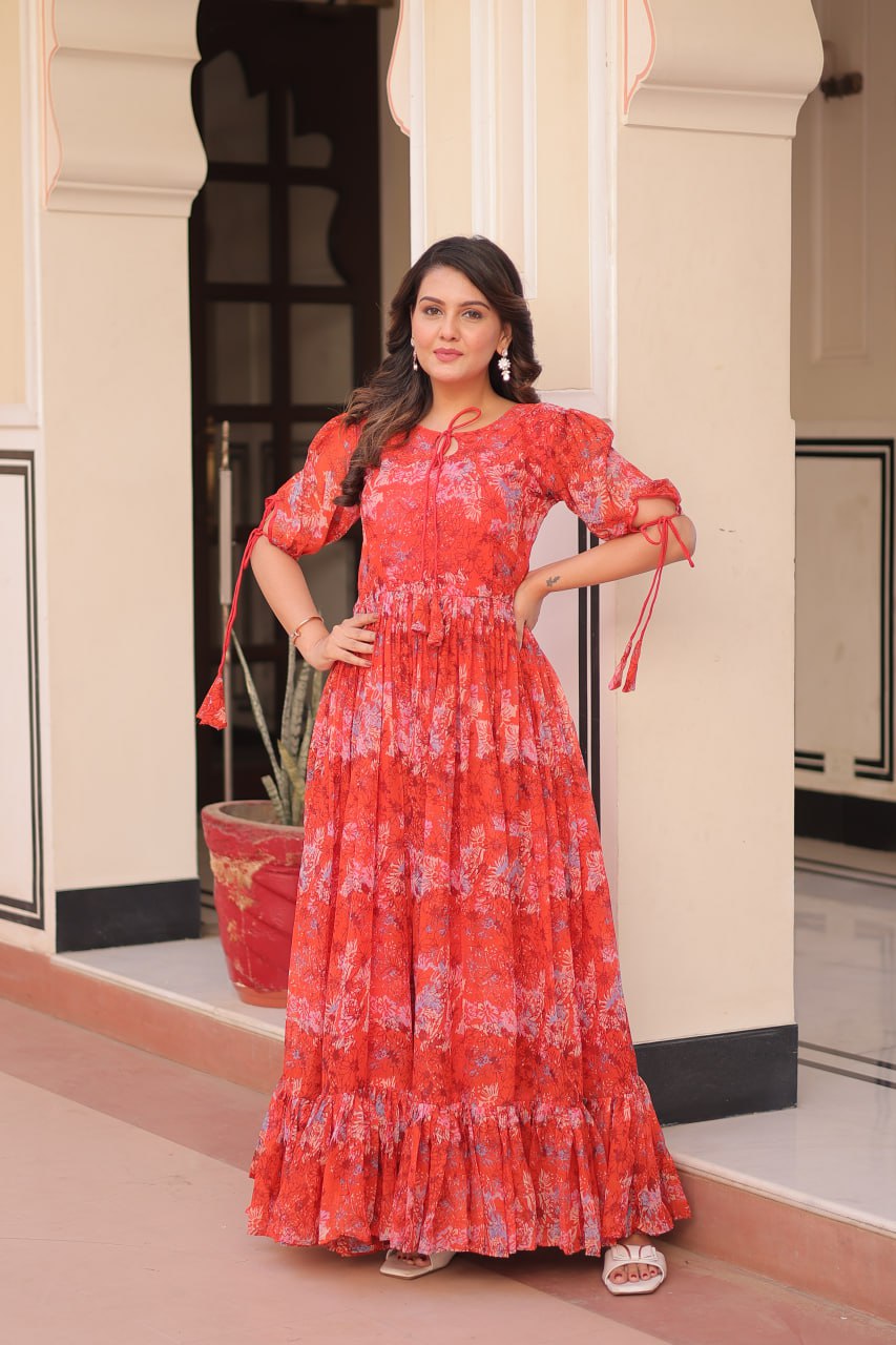 Casual Wear Red Color Faux Georgette With Printed Designer Gown