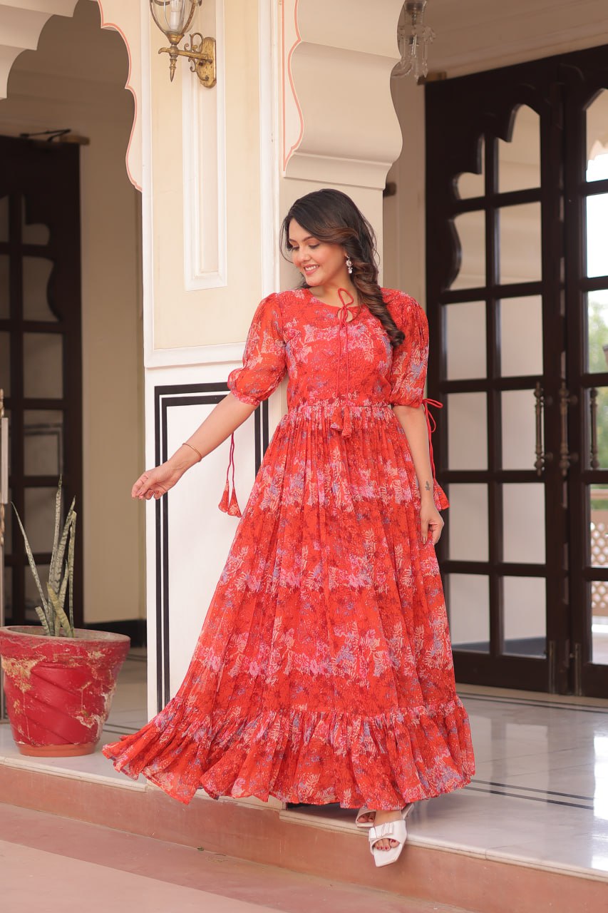 Casual Wear Red Color Faux Georgette With Printed Designer Gown