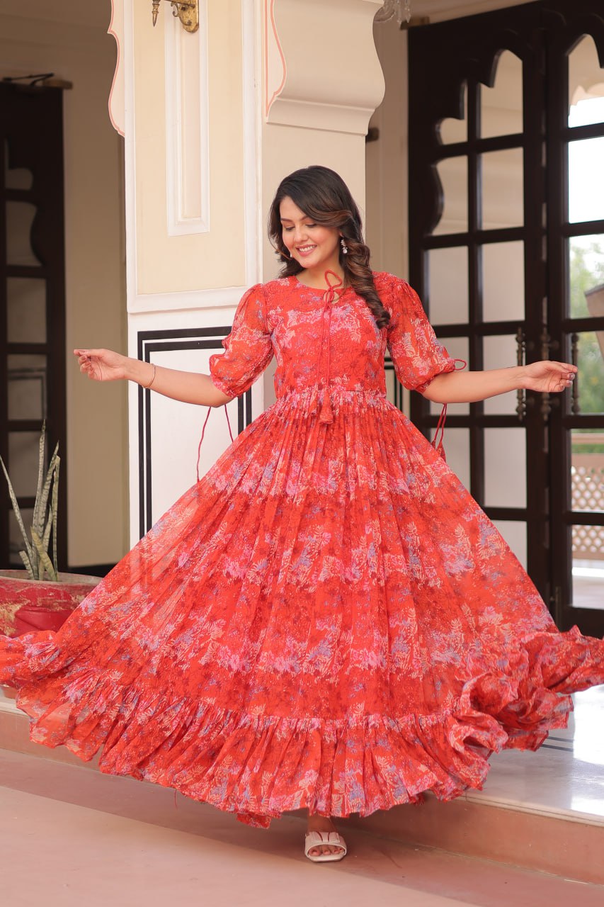 Casual Wear Red Color Faux Georgette With Printed Designer Gown