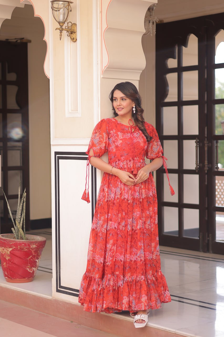Casual Wear Red Color Faux Georgette With Printed Designer Gown