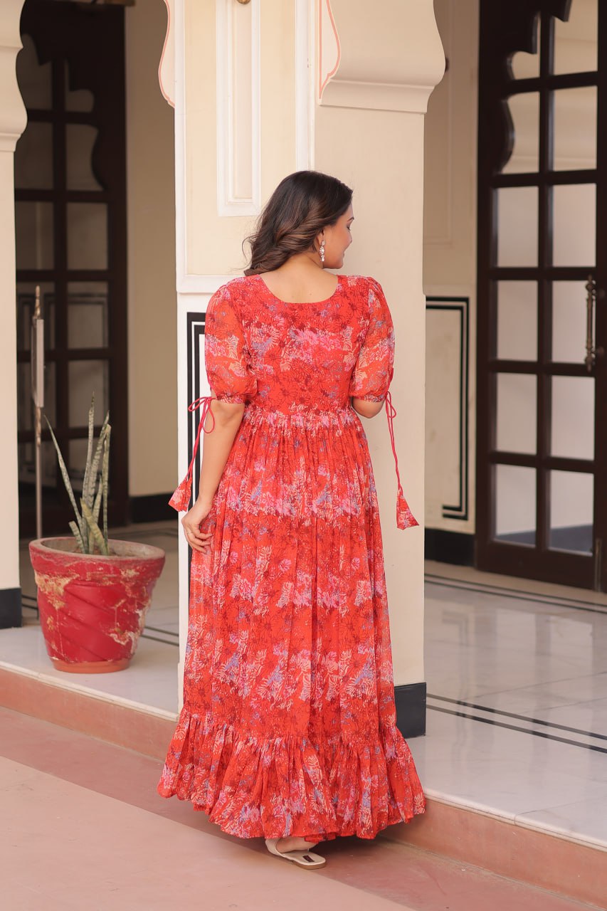 Casual Wear Red Color Faux Georgette With Printed Designer Gown