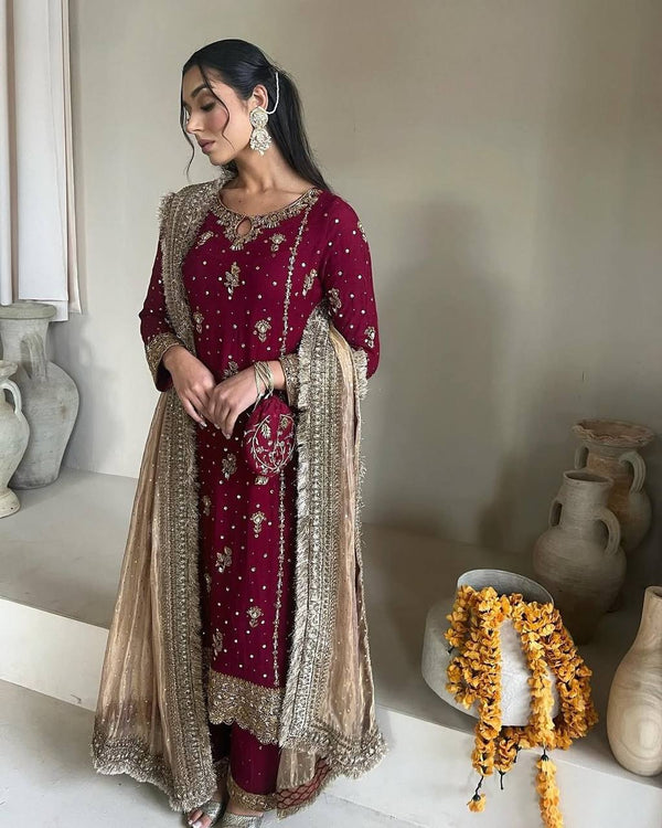 Wedding Wear Maroon Color Heavy Faux Georgette With 5mm Embroidery Sequence Work Salwar Suit