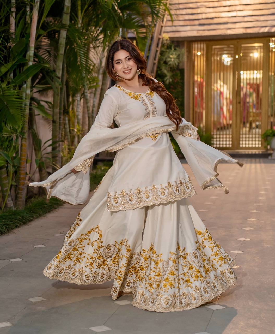 Awesome Off White Color Heavy French Crepe With Embroidery Sequence Work Sharara Suit