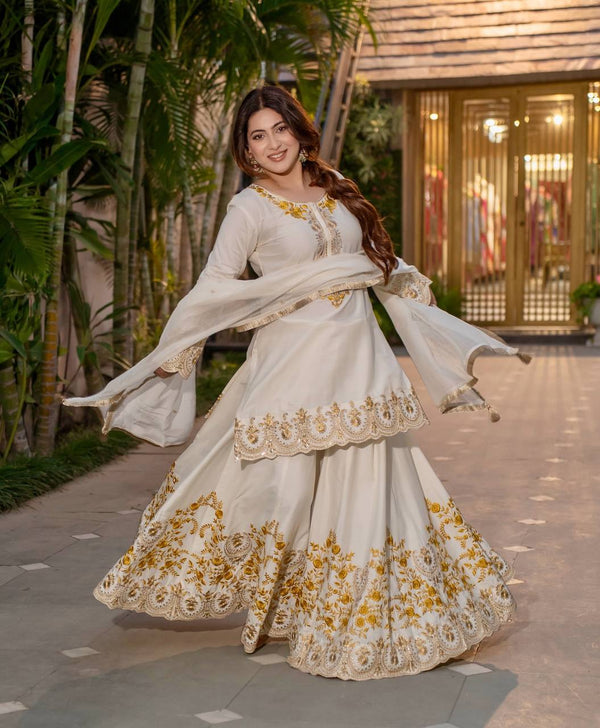 Awesome Off White Color Heavy French Crepe With Embroidery Sequence Work Sharara Suit