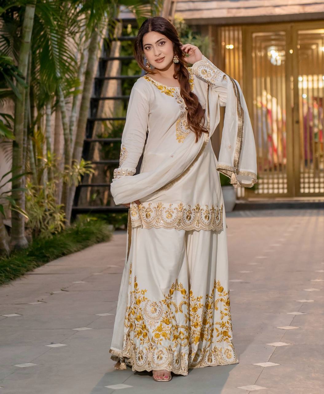 Awesome Off White Color Heavy French Crepe With Embroidery Sequence Work Sharara Suit