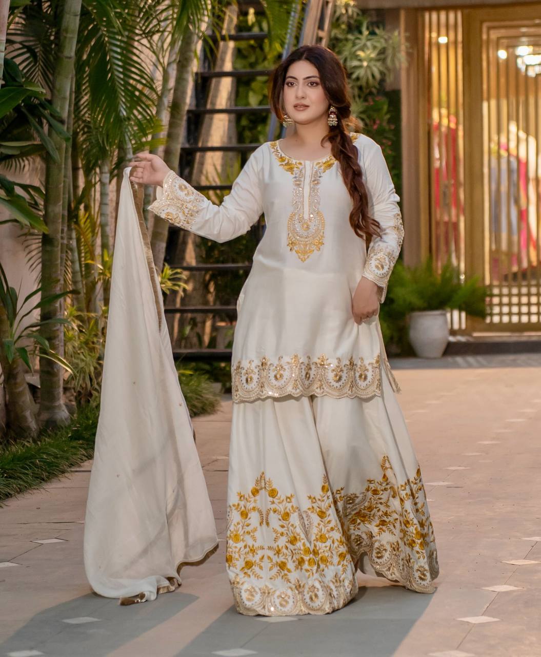 Awesome Off White Color Heavy French Crepe With Embroidery Sequence Work Sharara Suit