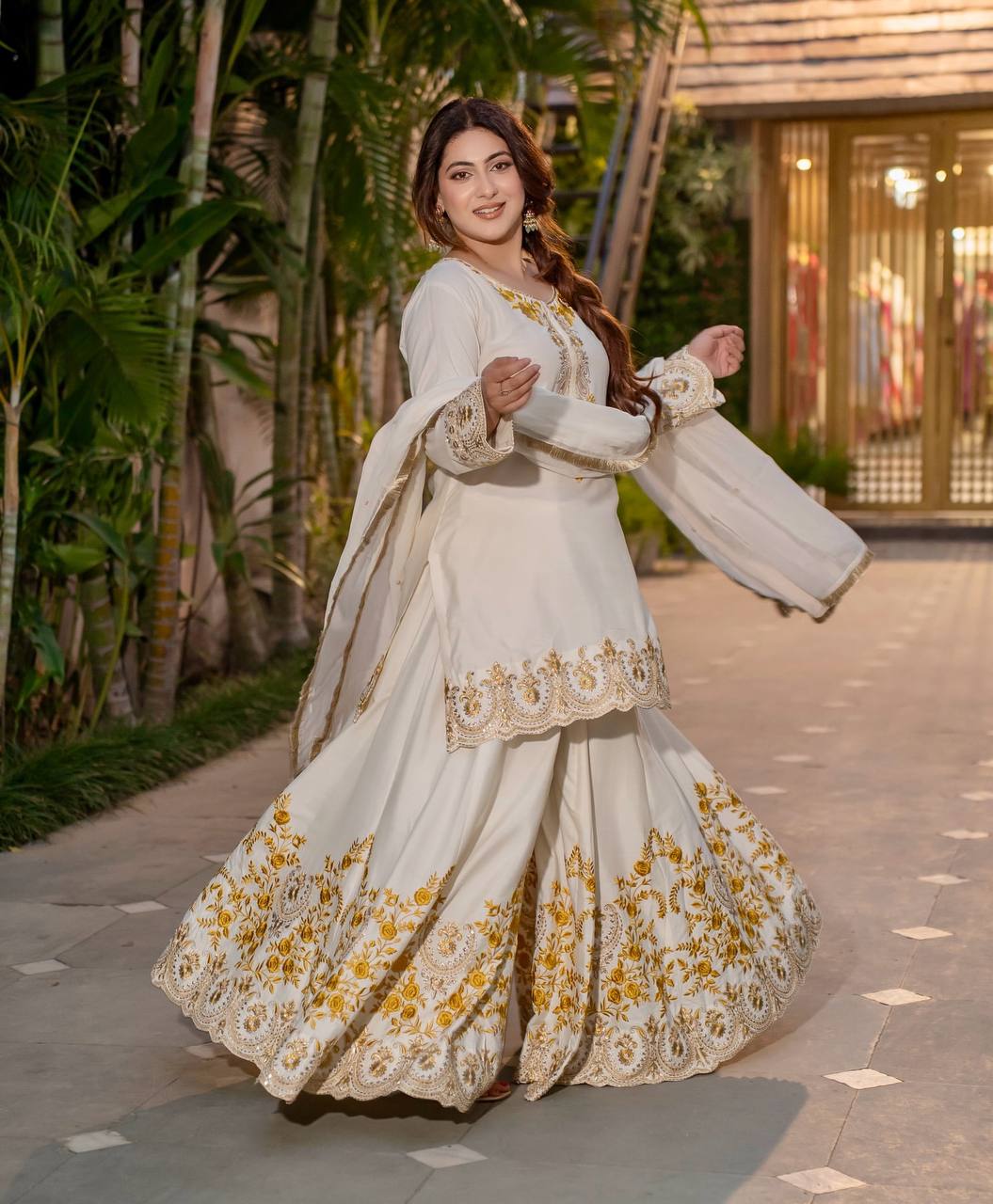 Awesome Off White Color Heavy French Crepe With Embroidery Sequence Work Sharara Suit