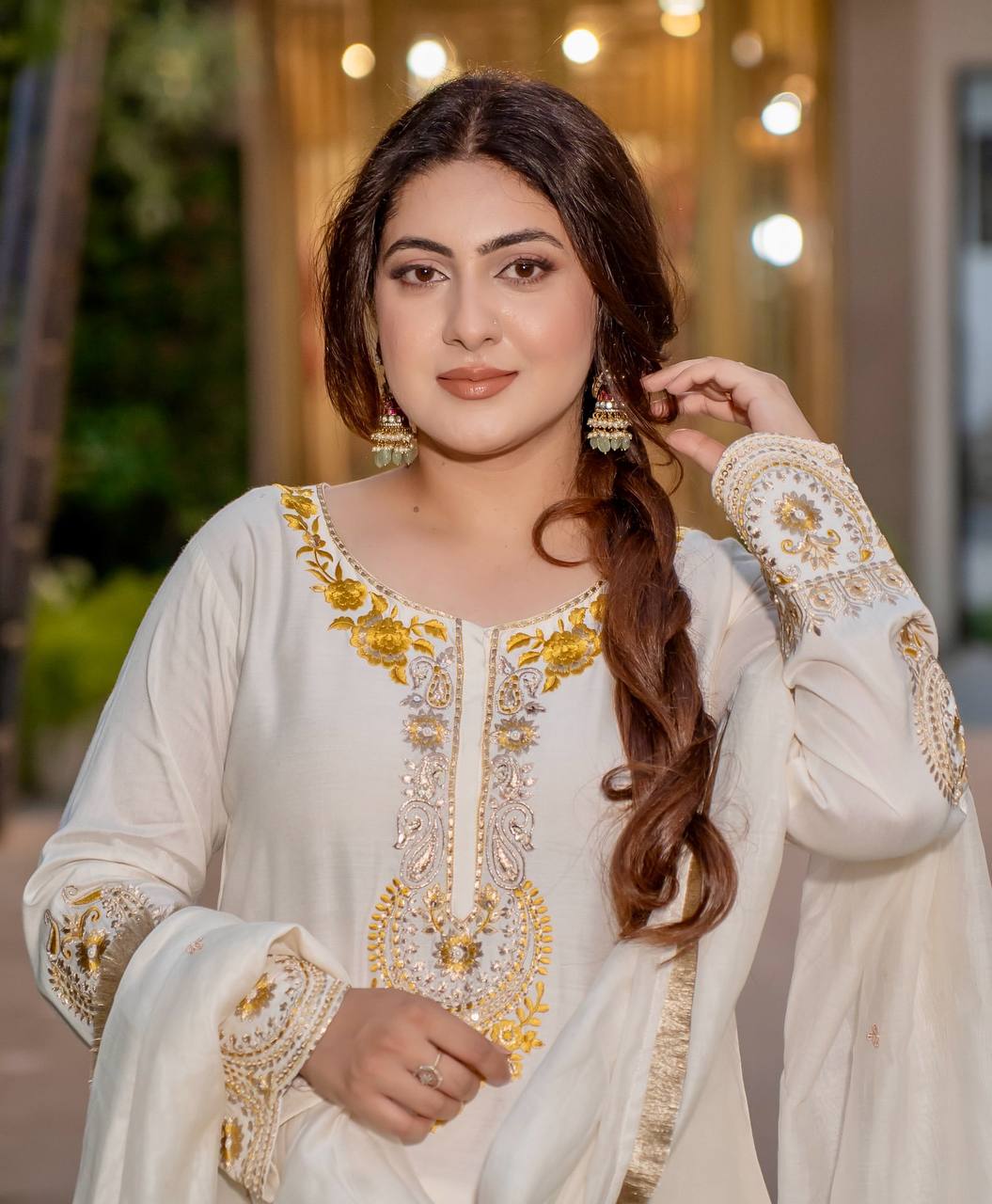 Awesome Off White Color Heavy French Crepe With Embroidery Sequence Work Sharara Suit