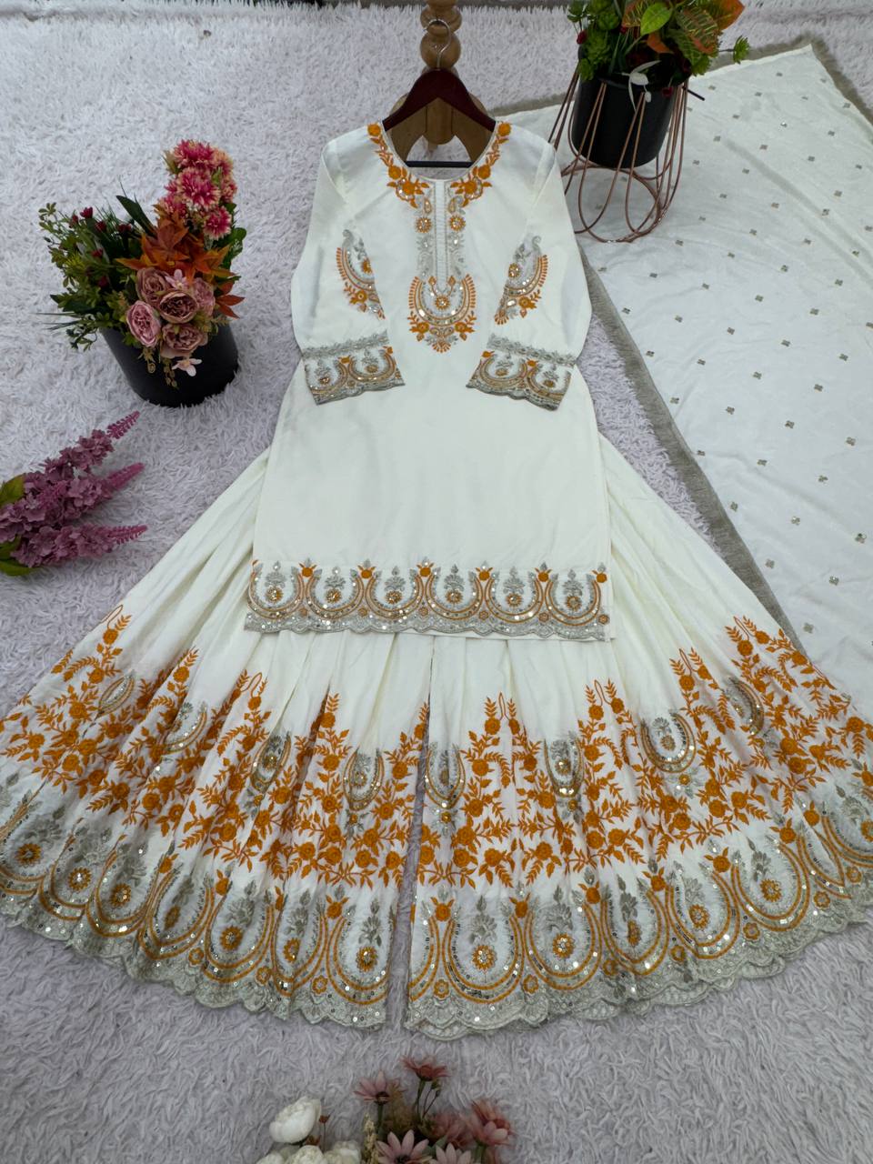 Awesome Off White Color Heavy French Crepe With Embroidery Sequence Work Sharara Suit