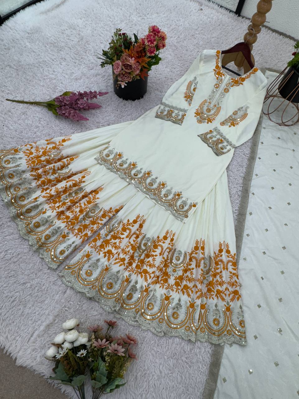 Awesome Off White Color Heavy French Crepe With Embroidery Sequence Work Sharara Suit