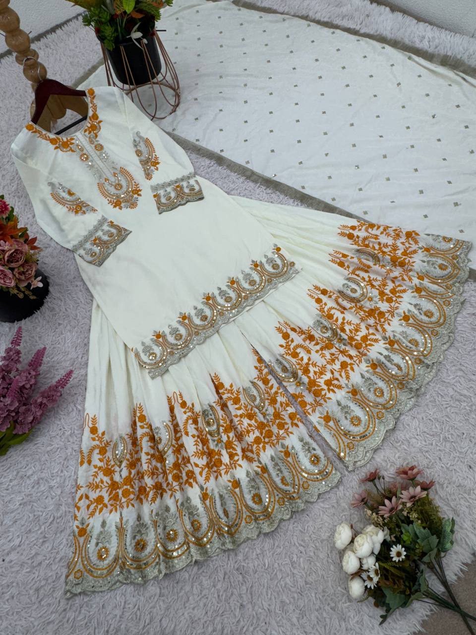 Awesome Off White Color Heavy French Crepe With Embroidery Sequence Work Sharara Suit