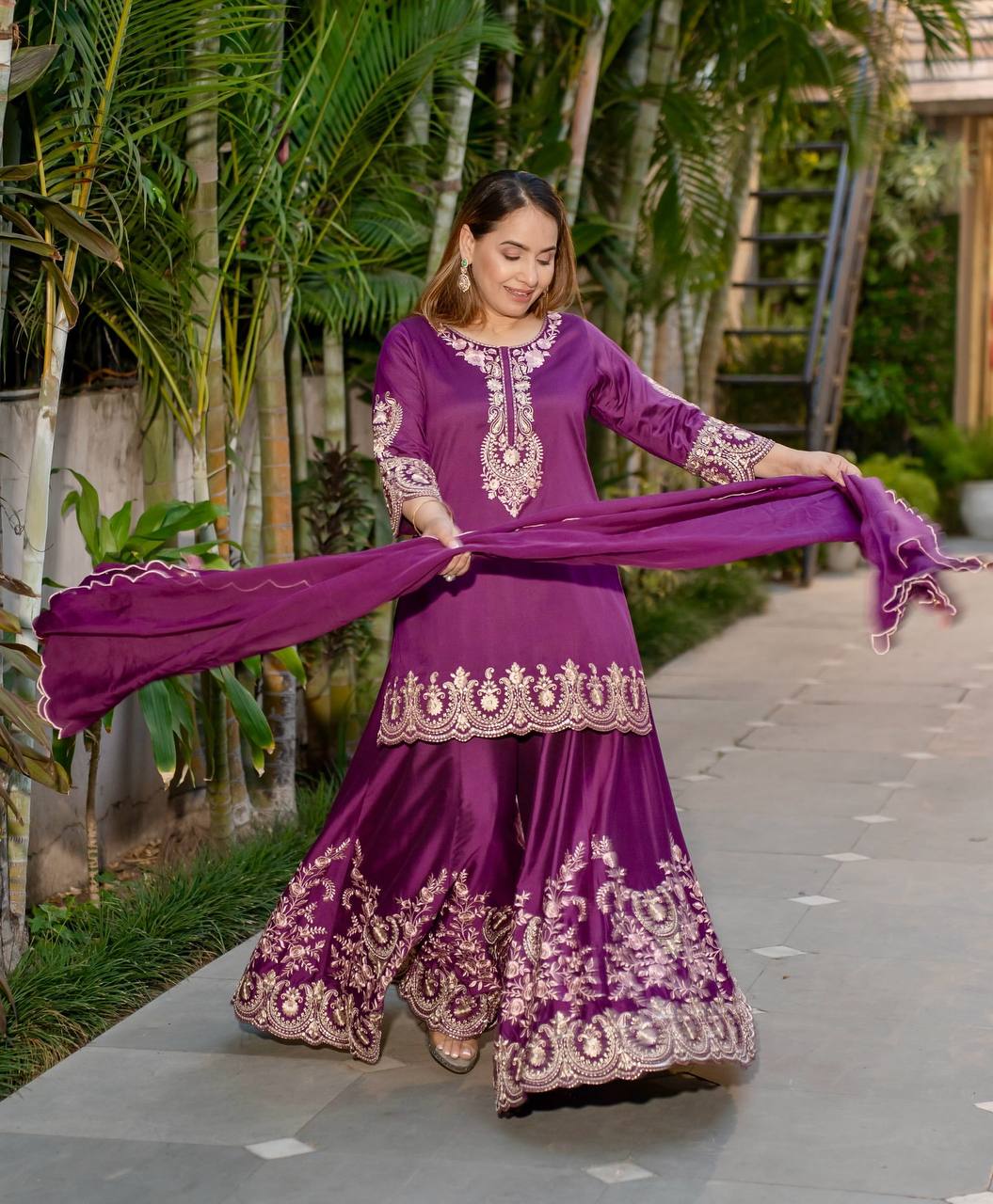 Awesome Purple Color Heavy French Crepe With Embroidery Sequence Work Sharara Suit