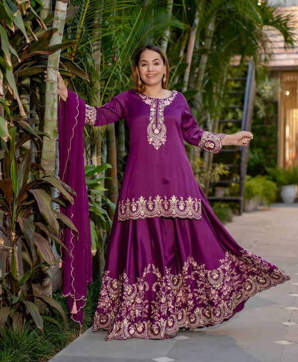 Awesome Purple Color Heavy French Crepe With Embroidery Sequence Work Sharara Suit