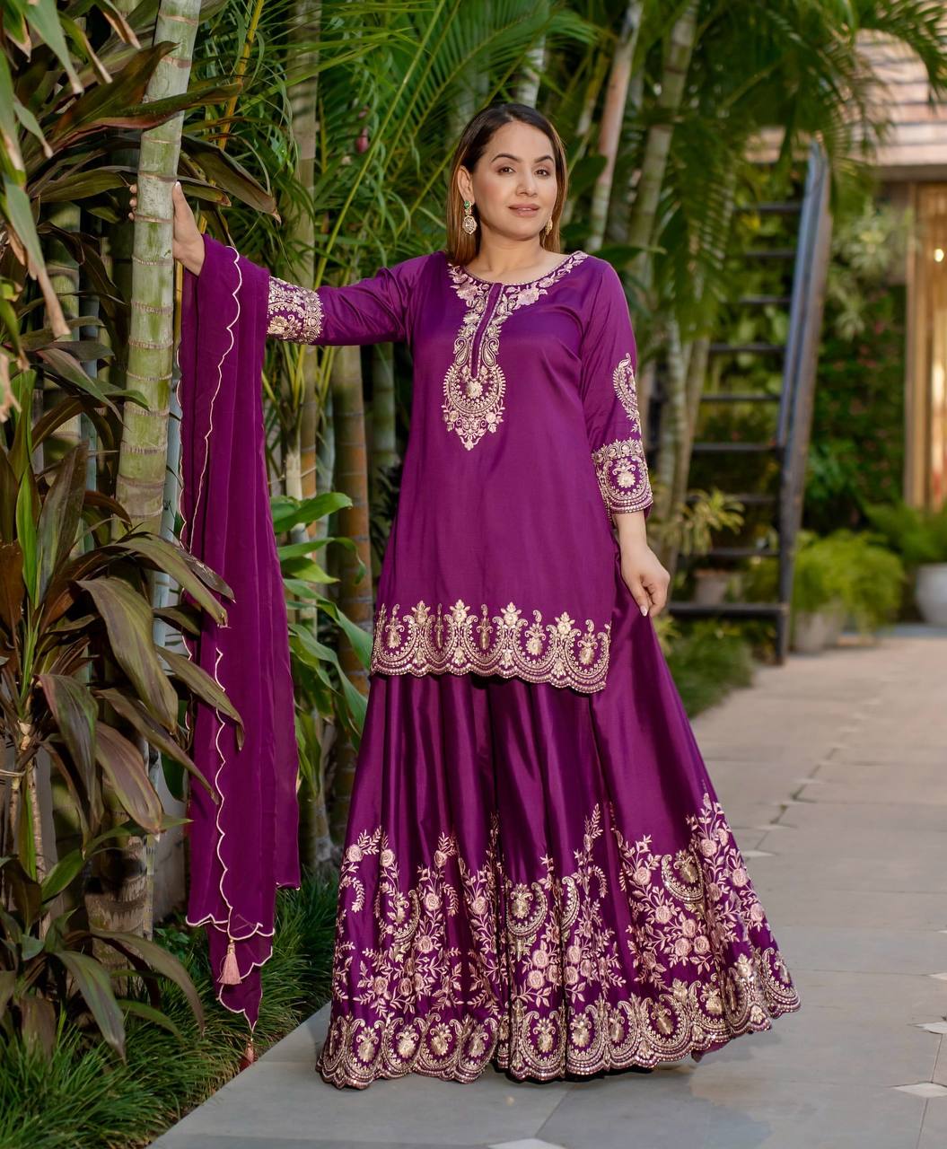 Awesome Purple Color Heavy French Crepe With Embroidery Sequence Work Sharara Suit