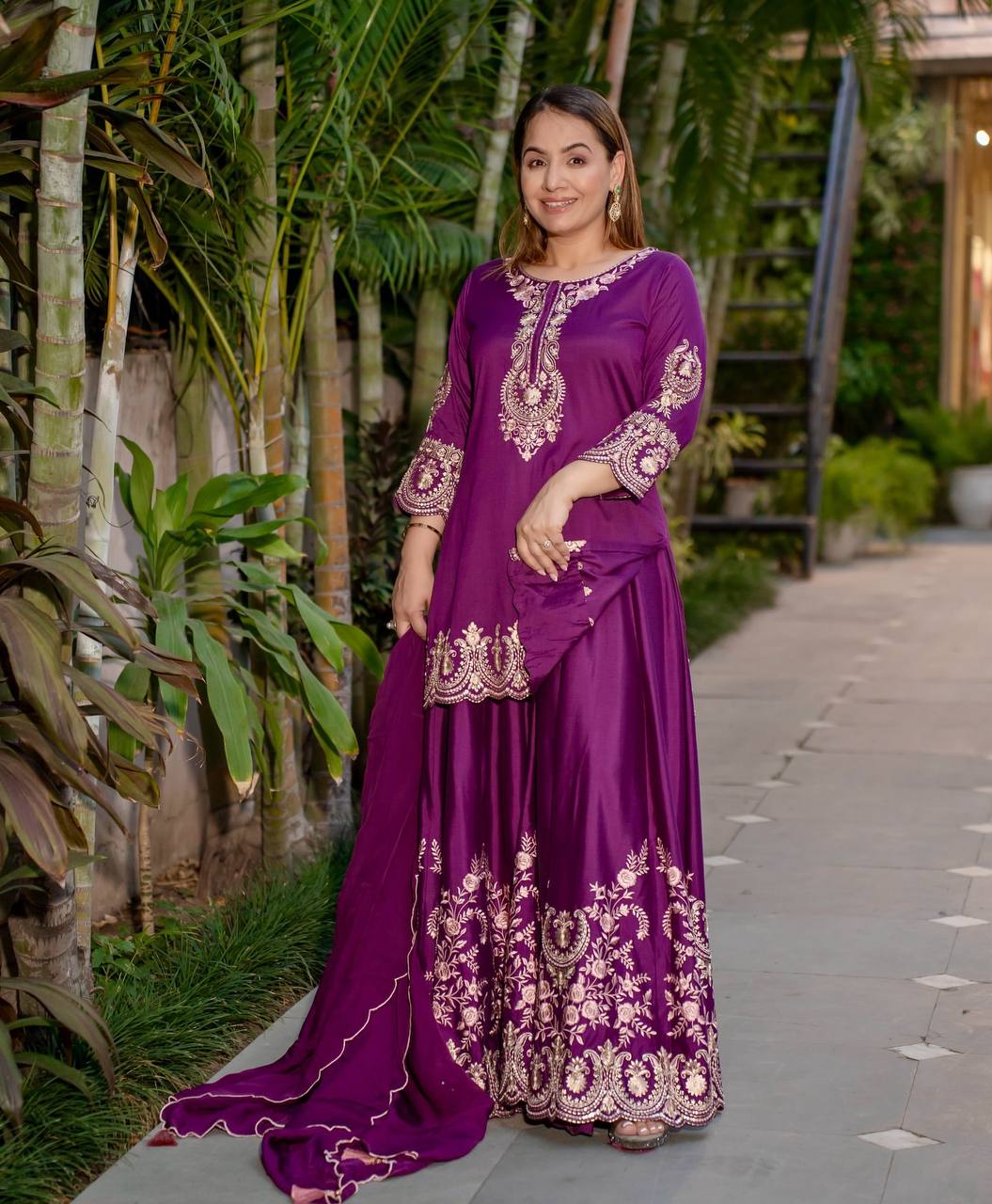 Awesome Purple Color Heavy French Crepe With Embroidery Sequence Work Sharara Suit